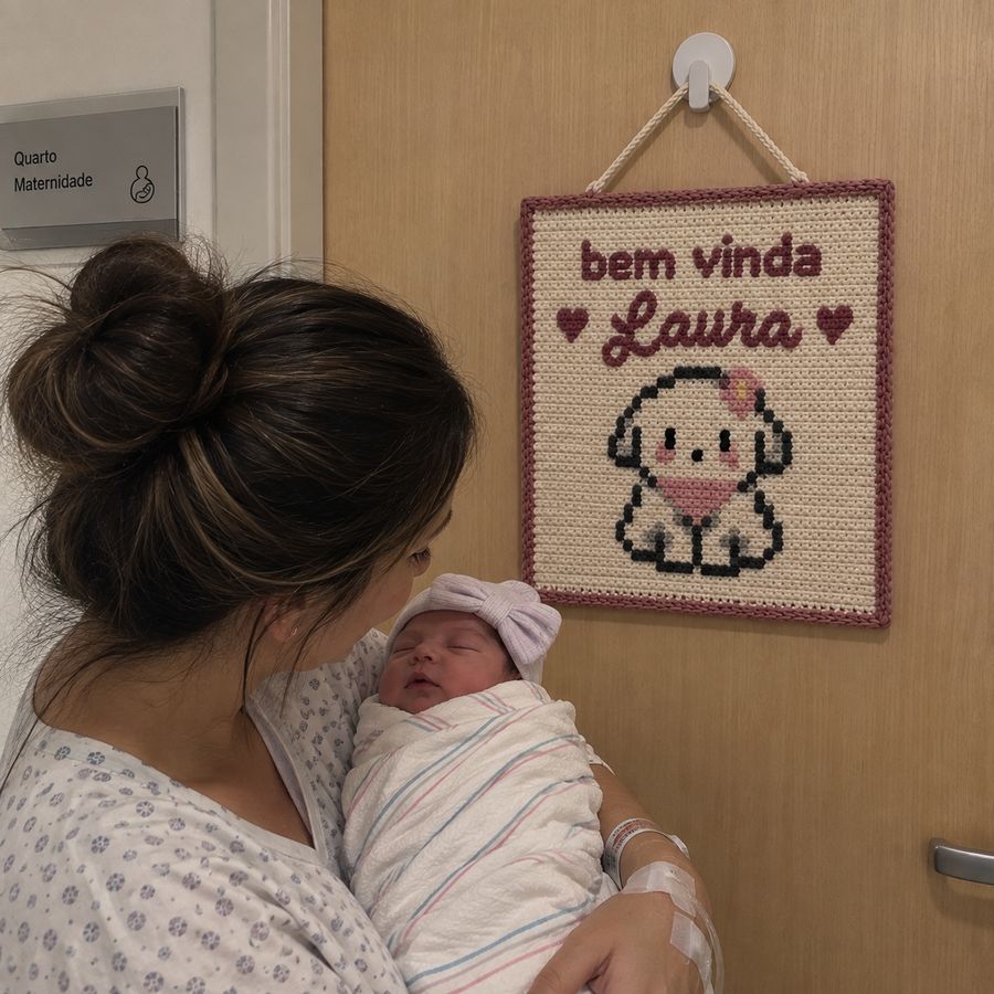 Cartel de crochet con el nombre de la bebé en la puerta de la maternidad