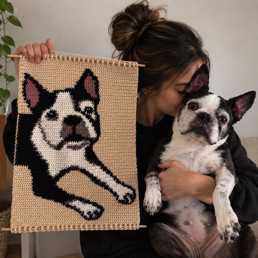 Mujer sosteniendo el retrato en crochet de su perro, con el perro en brazos