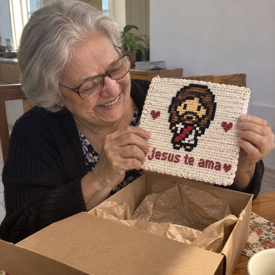 Señora abriendo la caja con la pieza de crochet que recibió de regalo